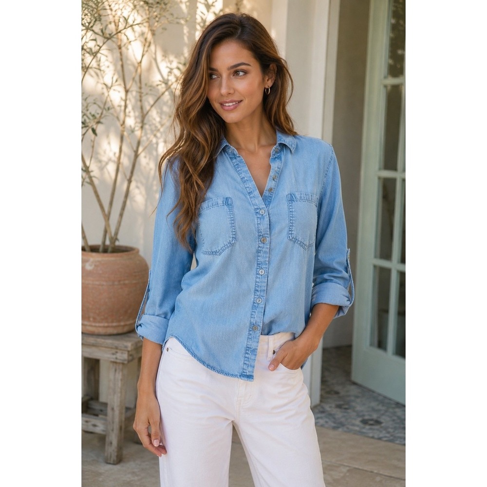 Style & Co Women's Chambray Denim Shirt Medium Blue Button Front Relaxed